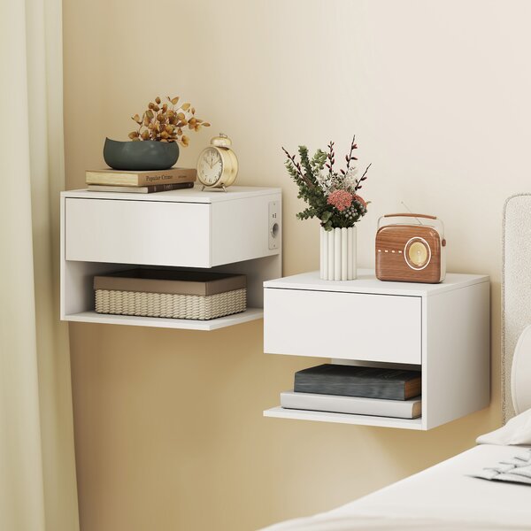 HOMCOM Set di 2 Comodini a Parete Con Prese di Corrente, Bianco | Aosom Italy