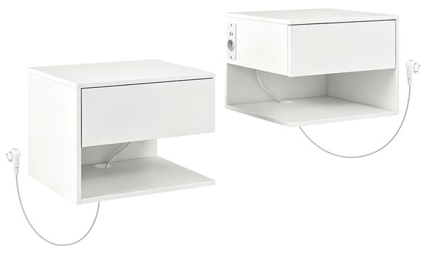 HOMCOM Set di 2 Comodini a Parete Con Prese di Corrente, Bianco | Aosom Italy