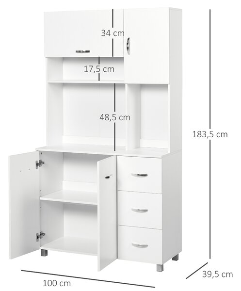 HOMCOM Credenza da Cucina Moderna con Cassetti, Armadietti e Ripiani Aperti, 100x39.5x183.5cm, Bianco|Aosom
