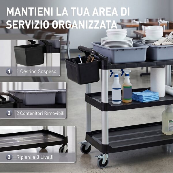 HOMCOM Carrello Pulizie Professionale a 3 Ripiani con 2 Contenitori Rimovibili, Bidone Laterale e 4 Ruote, Nero | Aosom Italy