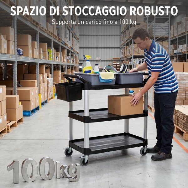 HOMCOM Carrello Pulizie Professionale a 3 Ripiani con 2 Contenitori Rimovibili, Bidone Laterale e 4 Ruote, Nero | Aosom Italy