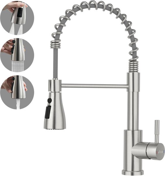 APPASO Rubinetto da cucina con doccia ad alta pressione 3 tipi di getto ruotabile a 360° Acciaio inox spazzolato