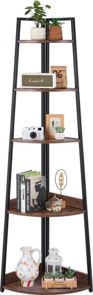 Scaffale angolare a 5 livelli con struttura in metallo e ripiani in legno - Piantana angolare alta - Scaffale espositivo e portaoggetti - Libreria da appoggio e da esposizione per camera da letto, soggiorno e ufficio - Marrone