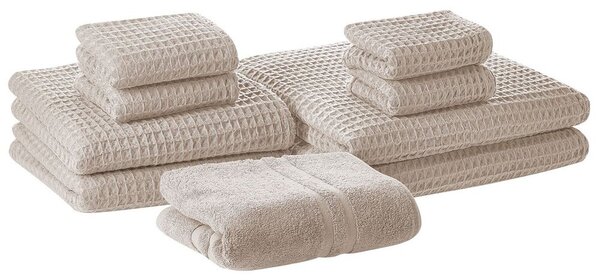 Set di 9 asciugamani da bagno e tappetino da bagno per ospiti in cotone beige Zero Twist Beliani