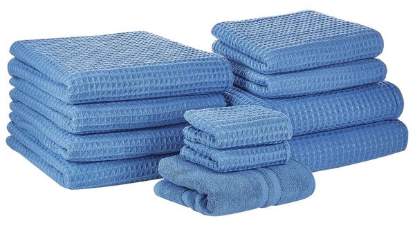 Set di 11 asciugamani Telo da bagno e tappetino da bagno per ospiti in cotone blu a bassa torsione Beliani
