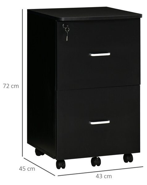 Vinsetto Cassettiera da Ufficio moderno con 2 Cassetti e 5 Ruote, Schedario in MDF e Truciolato, 43x45x72 cm, Nero|Aosom Italy