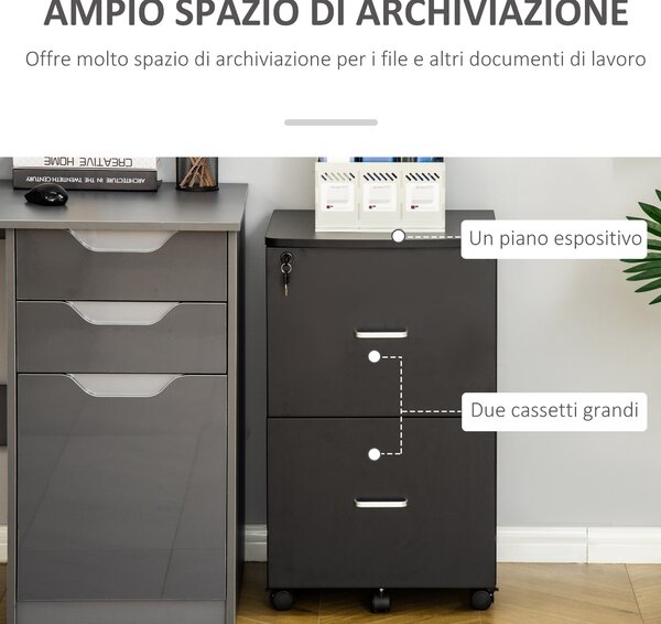 Vinsetto Cassettiera da Ufficio moderno con 2 Cassetti e 5 Ruote, Schedario in MDF e Truciolato, 43x45x72 cm, Nero|Aosom Italy