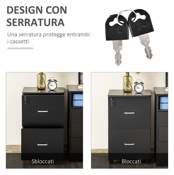 Vinsetto Cassettiera da Ufficio moderno con 2 Cassetti e 5 Ruote, Schedario in MDF e Truciolato, 43x45x72 cm, Nero|Aosom Italy
