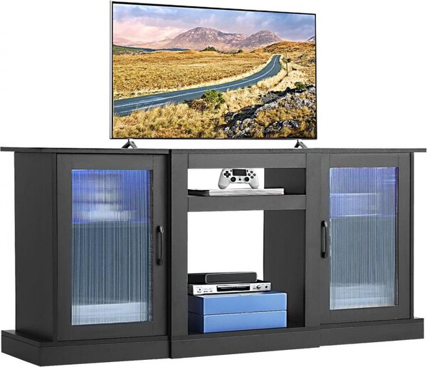 Porta TV fino a 65 pollici con striscia luminosa, tavolo TV in legno con ante e ripiani regolabili, mobile TV a consolle per soggiorno e camera da letto, nero
