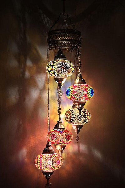 Lampada a sospensione turca - Lampada a mosaico fatta a mano - Lampada da soffitto marocchina - 5 sfere di vetro colorate