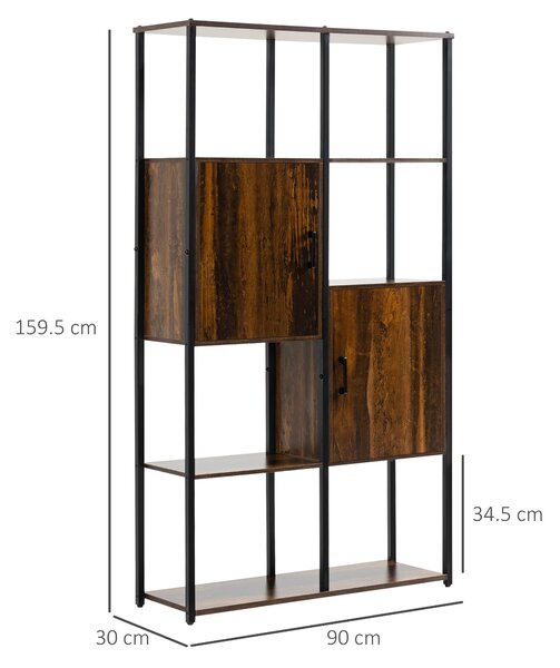 HOMCOM Libreria Nero Marrone 4 Ripiani 2 Armadietti, Stile Industriale, Design Elegante per Soggiorno, 90x30x159.5cm|Aosom