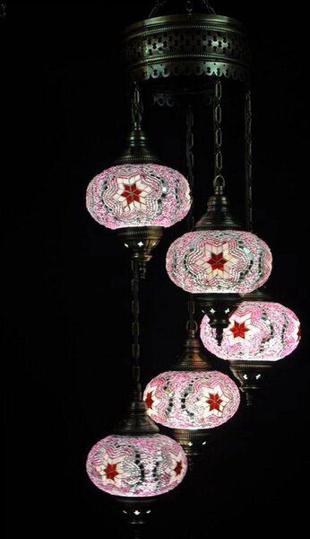 Lampada a sospensione turca con mosaico - Lampada marocchina fatta a mano - 5 sfere di vetro colorate - Altezza 110 cm