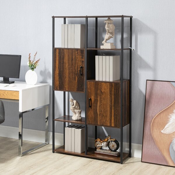 HOMCOM Libreria Nero Marrone 4 Ripiani 2 Armadietti, Stile Industriale, Design Elegante per Soggiorno, 90x30x159.5cm|Aosom