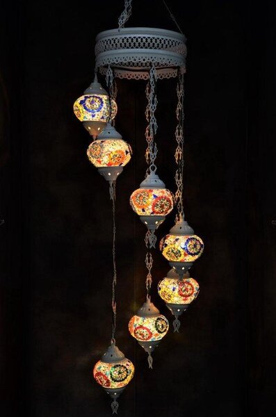 Lampada a sospensione in vetro con mosaico colorato in marrone, nero e bianco, lampadario orientale a 7 luci, realizzato a mano in Turchia