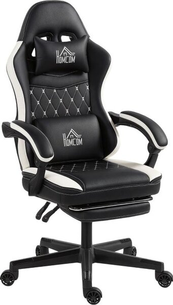 Sedia da gioco Fortuna Lai con poggiapiedi, sedia da computer con poggiatesta e cuscino, rivestimento in Pelle finta, girevole, regolabile in altezza, metallo, plastica, nero+bianco