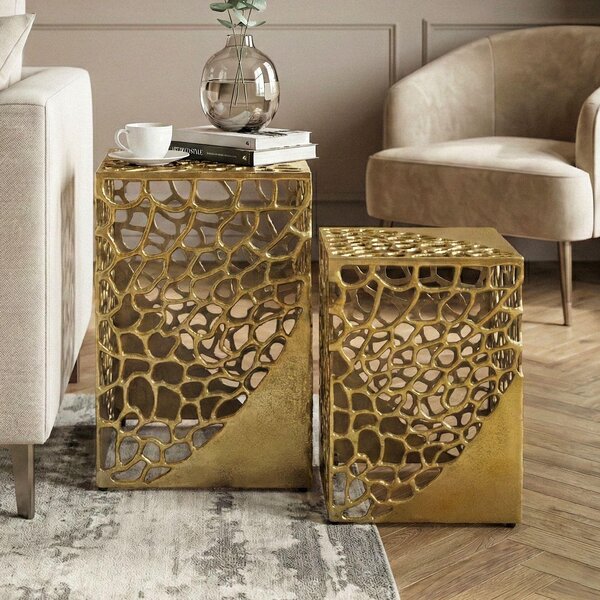 WOHNLING Set da 2 tavolini da salotto in alluminio dorato, set da salotto dal design moderno, tavolino da divano in alluminio, set quadrato in metallo, tavolini da salotto fatti a mano