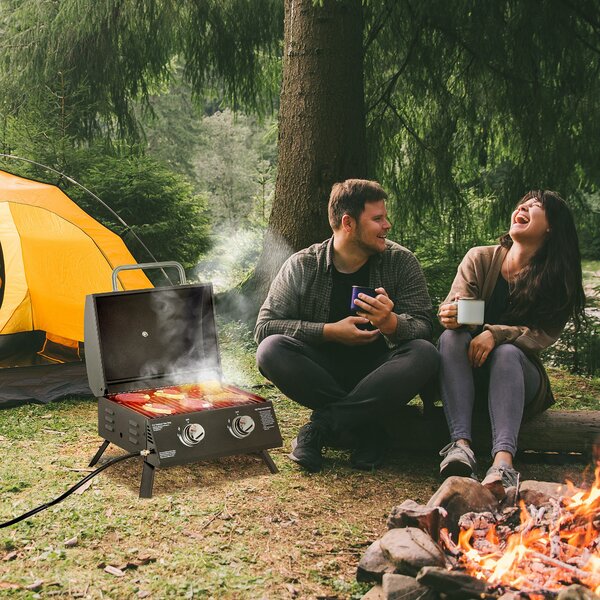 Outsunny Barbecue a Gas Pieghevole con Coperchio, Termometro e 2 Bruciatori in Acciaio, 55x46.5x41 cm, Nero|Aosom