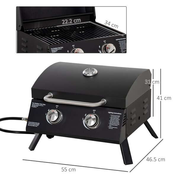 Outsunny Barbecue a Gas Pieghevole con Coperchio, Termometro e 2 Bruciatori in Acciaio, 55x46.5x41 cm, Nero|Aosom