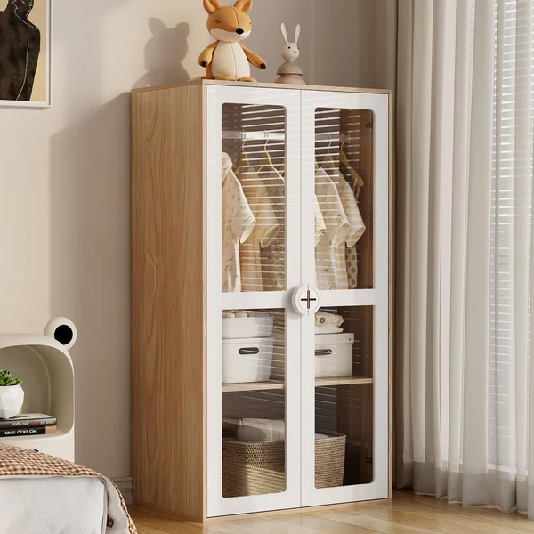 Armadio per bambini a due ante – con asta appendiabiti e ripiani regolabili, maniglie in legno, ante in acrilico, verniciatura bianca e pannelli in MDF color naturale