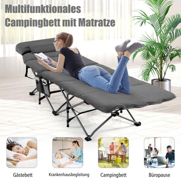 Lettino da campeggio pieghevole con materasso 185 cm x 65 cm x 41-53 cm grigio