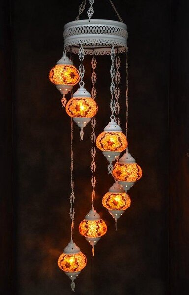 Lampada a sospensione in vetro mosaico marrone, lampadario orientale con 7 sfere di vetro colorate, realizzato a mano in Turchia