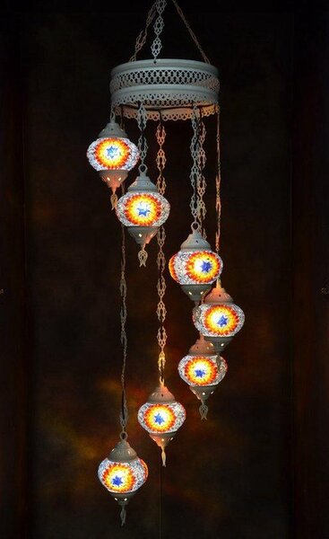Lampada a sospensione in vetro blu con mosaico colorato, lampadario orientale, 7 sfere di vetro, realizzata a mano in Turchia