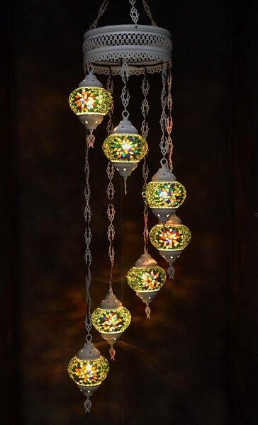 Lampada a sospensione in vetro verde con mosaico colorato, lampadario orientale con 7 sfere, realizzato a mano in Turchia