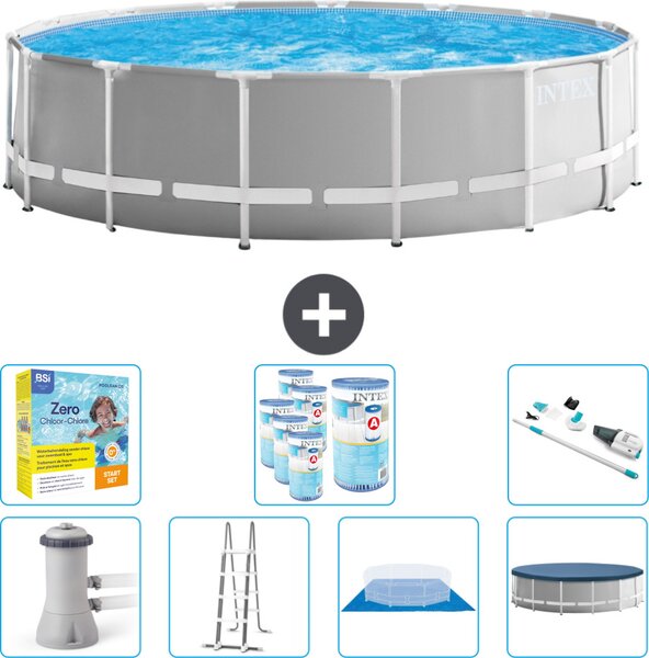 Piscina Intex Round Prism Frame - 457 x 122 cm - grigio - inclusa pompa - scaletta - telo di fondo - pacchetto manutenzione copertura - filtro - aspirapolvere