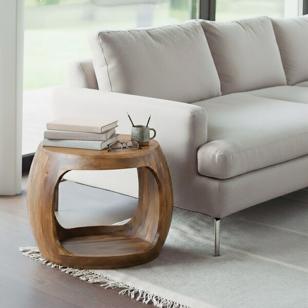 WOHNLING Tavolino da salotto 50 cm in legno massello di mango, rotondo con ripiano, tavolino da salotto in vero legno, realizzato a mano, tavolino da soggiorno dal design naturale, fatto a mano