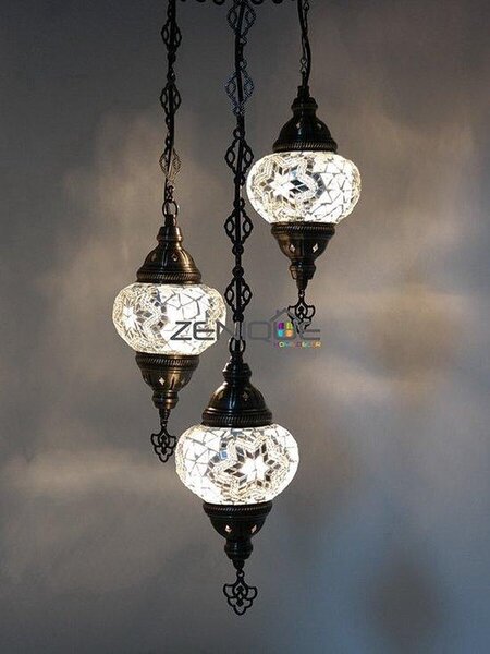 Lampada a sospensione turca con mosaico, lampada da soffitto marocchina realizzata a mano con 3 sfere di vetro bianche, stile orientale