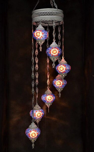 Lampada a sospensione in vetro blu con mosaico colorato, lampadario orientale, 7 sfere di vetro, realizzata a mano in Turchia