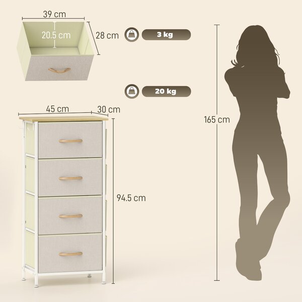 HOMCOM Cassettiera 4 Cassetti Pieghevoli con 4 Tasche e 2 Ganci, in Legno, Acciaio e Tessuto, 45x30x94.5 cm | Aosom Italy