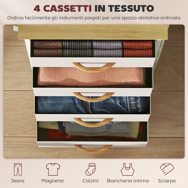 HOMCOM Cassettiera 4 Cassetti Pieghevoli con 4 Tasche e 2 Ganci, in Legno, Acciaio e Tessuto, 45x30x94.5 cm | Aosom Italy