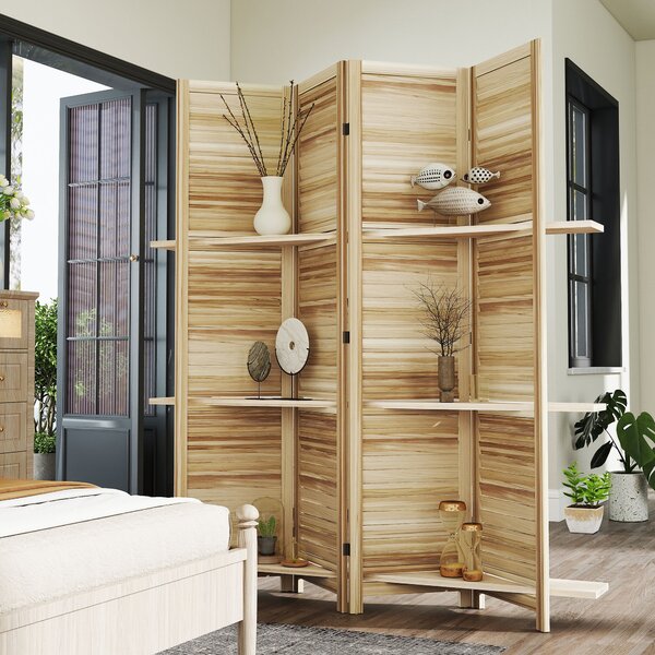 HOMCOM Paravento interno in legno a 4 pannelli, pieghevole con 3 ripiani, 160 x 170 cm, Legno naturale | Aosom Italy