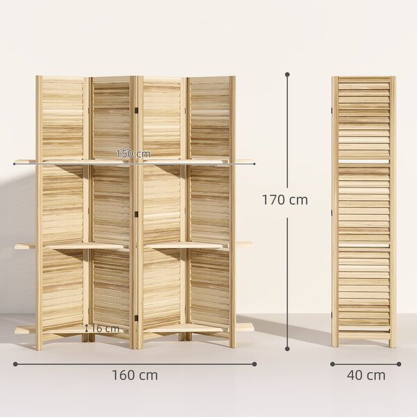 HOMCOM Paravento interno in legno a 4 pannelli, pieghevole con 3 ripiani, 160 x 170 cm, Legno naturale | Aosom Italy