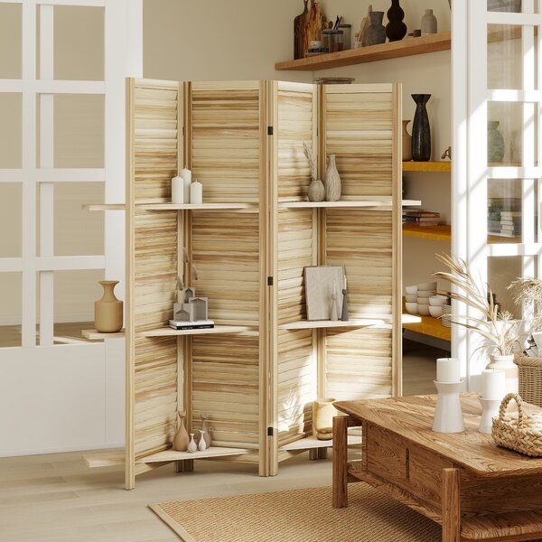 HOMCOM Paravento interno in legno a 4 pannelli, pieghevole con 3 ripiani, 160 x 170 cm, Legno naturale | Aosom Italy