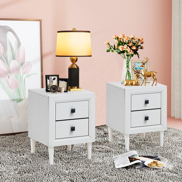 Costway Set di 2 comodini con gambe in legno di gomma, Tavolino da salotto con 2 cassetti per sala di ricevimento Bianco