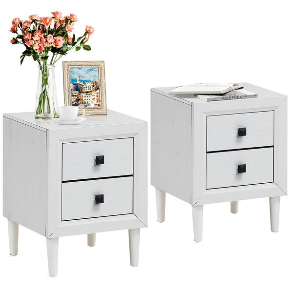 Costway Set di 2 comodini con gambe in legno di gomma, Tavolino da salotto con 2 cassetti per sala di ricevimento Bianco