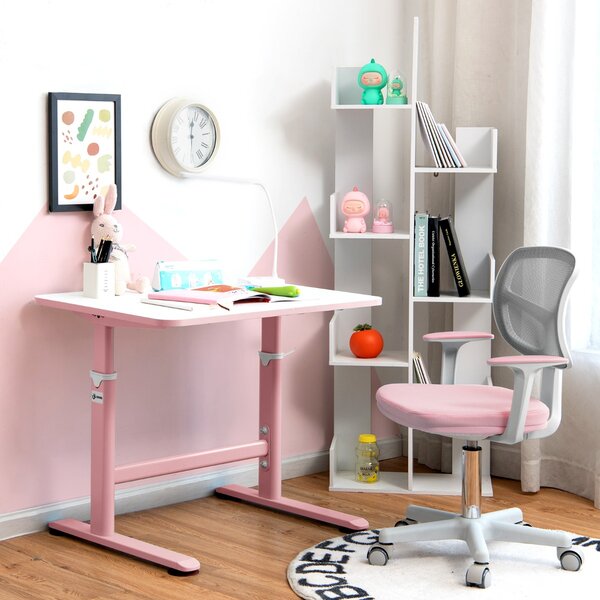 Costway Sedia per scrivania per bambini con altezza regolabile, Sedile girevole a rete con ruote autobloccanti Rosa