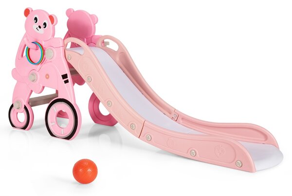 Costway Scivolo 3 in 1 per bambini con canestro e anelli per interno, Scivolo pieghevole a forma di orsetto Rosa