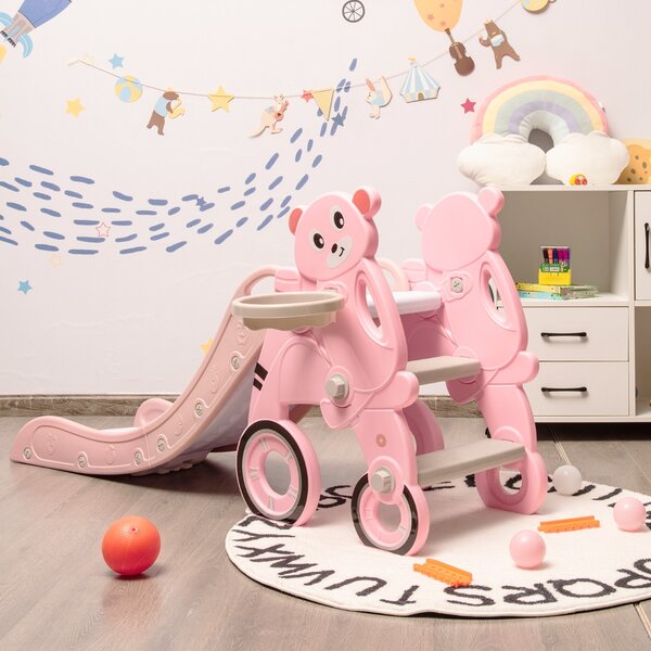 Costway Scivolo 3 in 1 per bambini con canestro e anelli per interno, Scivolo pieghevole a forma di orsetto Rosa