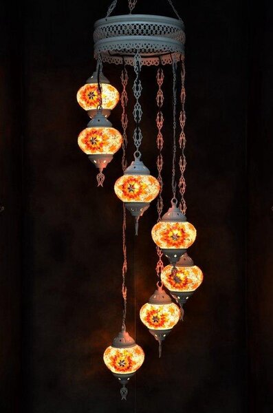 Lampada a sospensione con mosaico in vetro colorato in stile orientale, 7 globi, realizzata a mano in Turchia, bianco crema