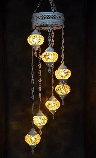 Lampada a sospensione in vetro giallo con mosaico colorato, lampadario in stile orientale con 7 sfere, realizzata a mano in Turchia