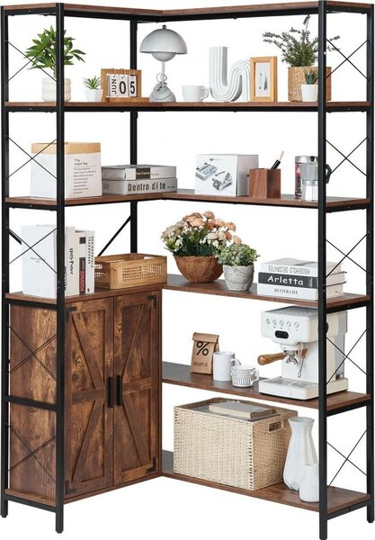 Scaffale angolare a 6 livelli, scaffale angolare alto con ante - Scaffale a L con struttura in metallo e ripiani in legno - Scaffale da esposizione come libreria per camera da letto, soggiorno, ufficio - Marrone