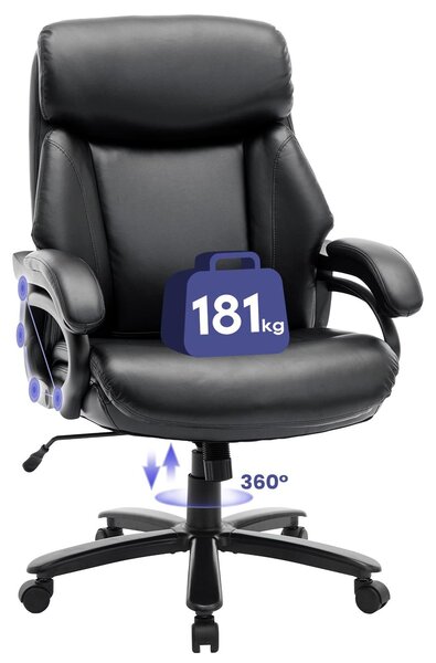 Poltrona direzionale COLAMY in ecopelle, sedia da ufficio ergonomica con braccioli regolabili, schienale sagomato e seduta extra-ampia, nera