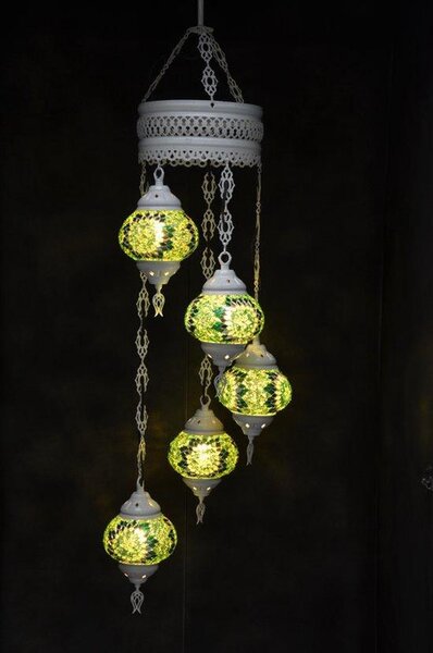 Lampada a sospensione con 5 sfere di vetro colorato a mosaico in verde, lampada da soffitto orientale marocchina