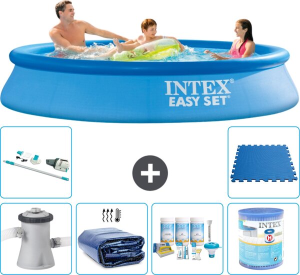 Piscina gonfiabile rotonda Intex Easy Set - 305 x 61 cm - blu - incluso tenda con pompa - pacchetto manutenzione - filtro - aspirapolvere - piastrelle per il pavimento