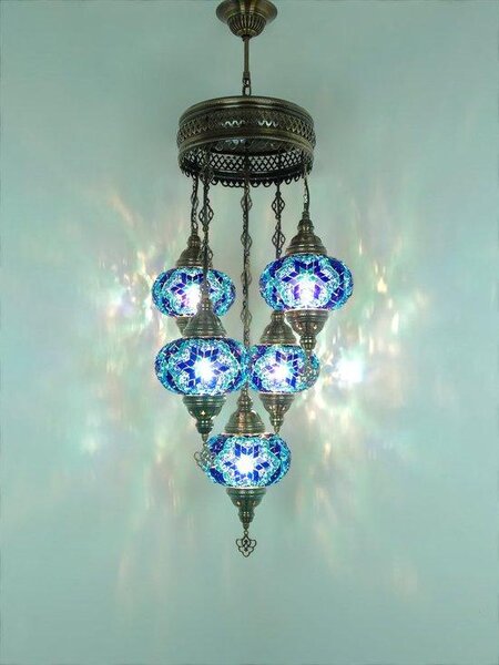 Lampada a sospensione turca a 5 luci in vetro mosaico blu – lampadario orientale dal design unico