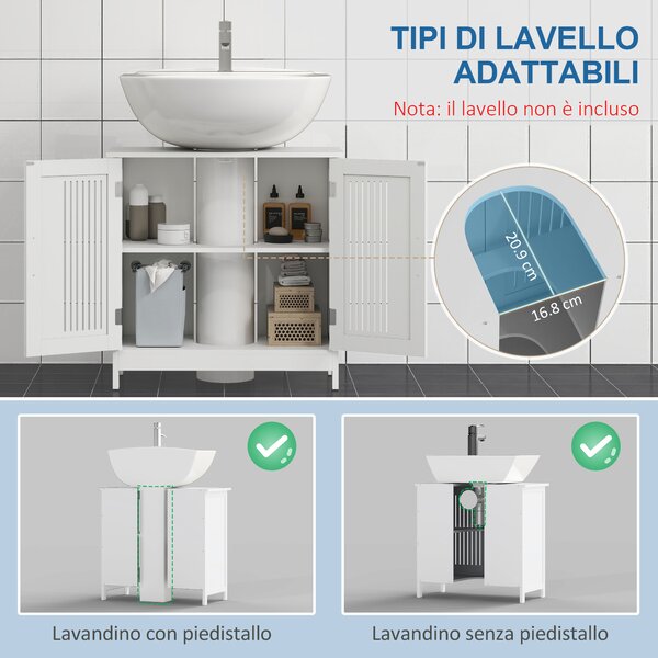 Kleankin Mobiletto Sottolavabo per Bagno a 2 Ante, Armadietto Salvaspazio Lavandino in Legno con Ripiani Regolabili Bianco|Aosom