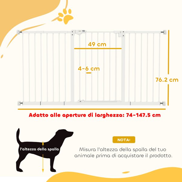 PawHut Cancellino per Cani a 3 Estensioni con Larghezza Regolabile 74-148cm e Chiusura Automatica, Bianco
